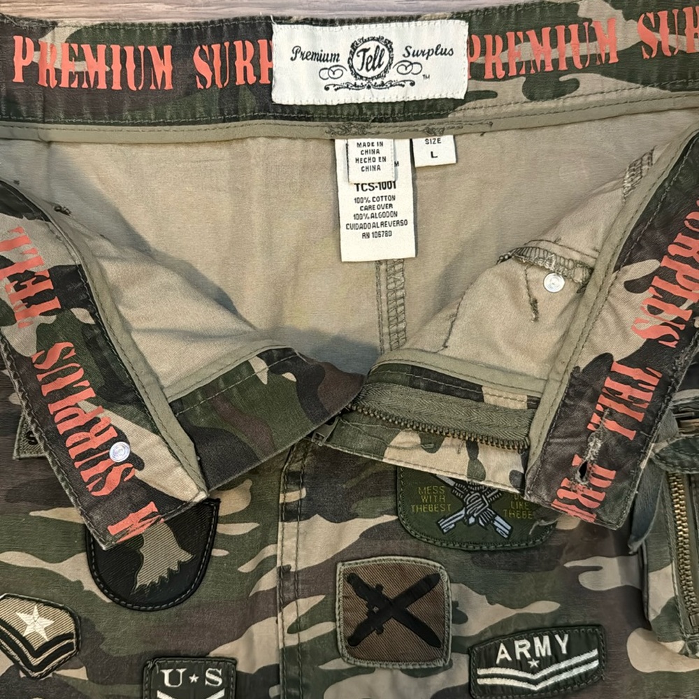 Tell Premium Surplus Camo Swarovski Crystal Patches 5 Pockets Zip Mini Skirt L - Picture 5 of 15